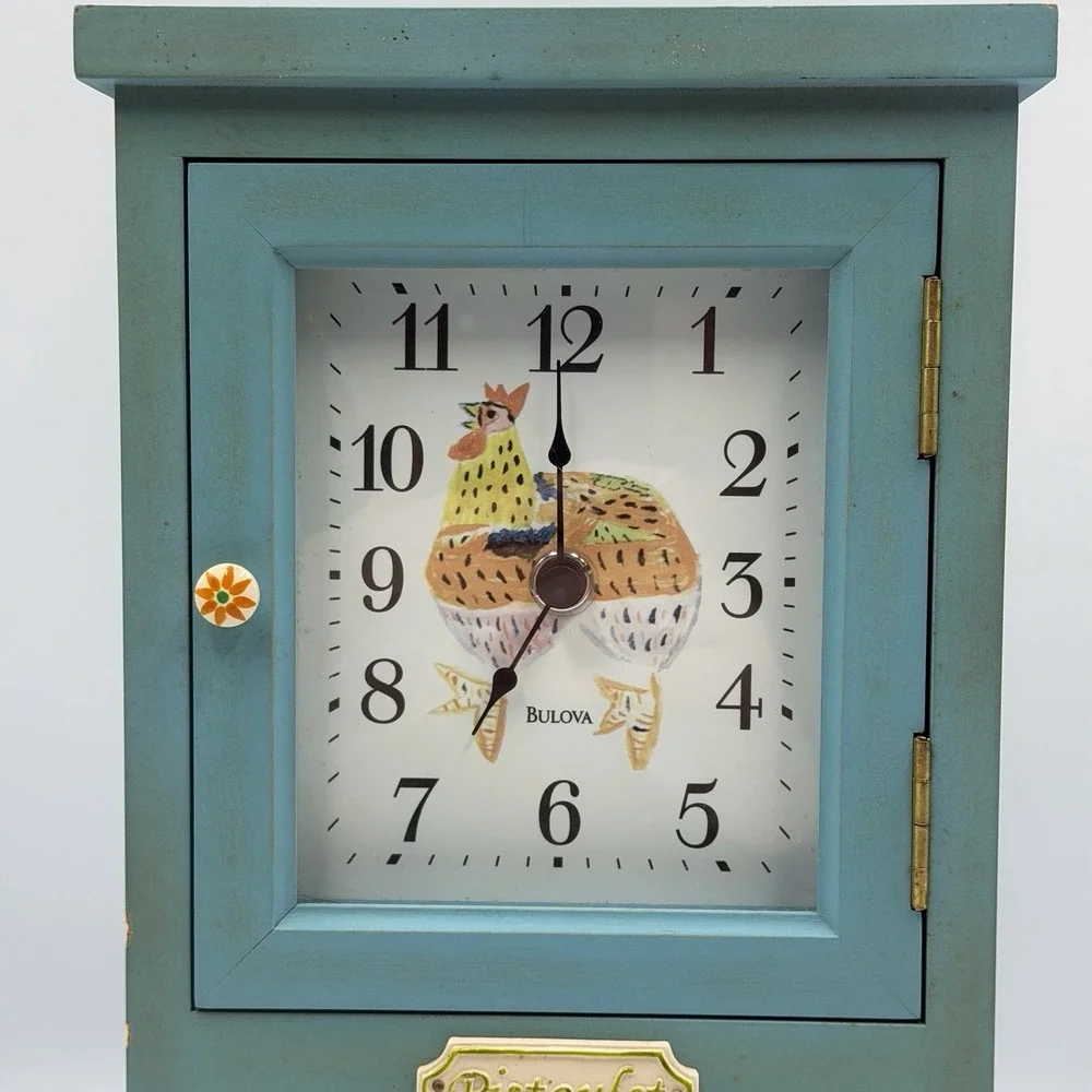 Pfaltzgraff Pistoulet Wooden Bulova Mantel Clock Blue Farmhouse Vintage Decor